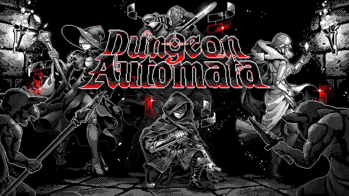 흑백 판타지 인물과 붉은 노드 연결선이 둘러싼 Dungeon Automata 공식 키아트