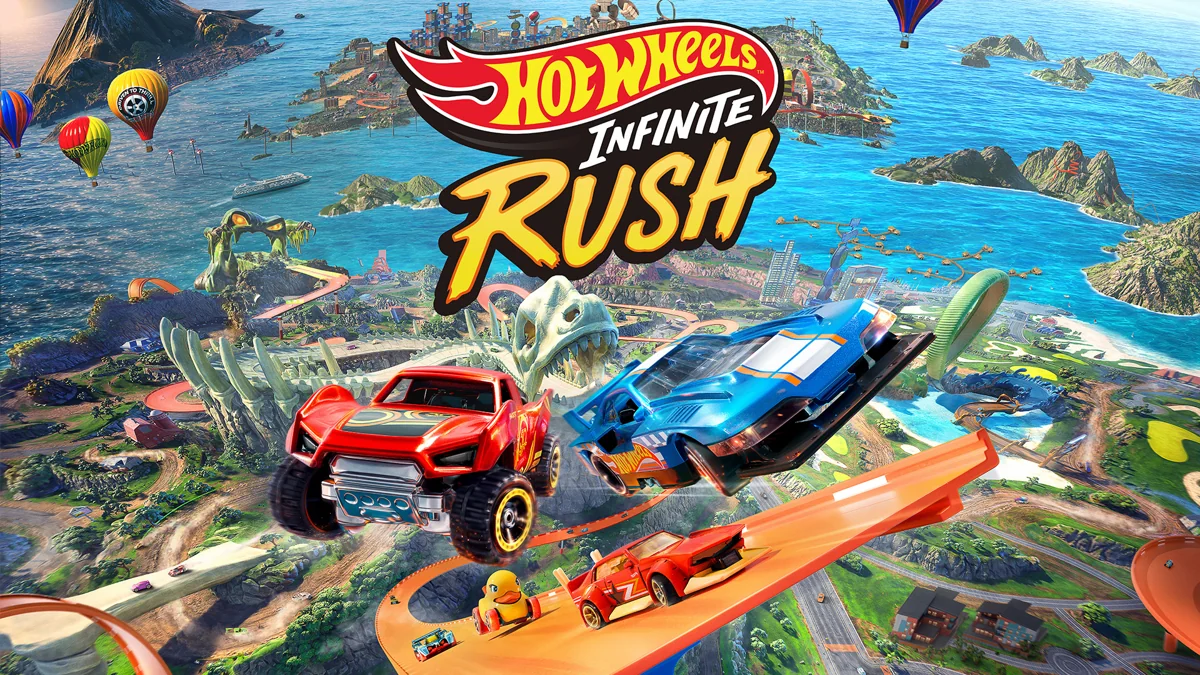 HOT WHEELS Infinite Rush의 섬과 주황색 트랙 위를 달리는 장난감 차량 공식 키아트