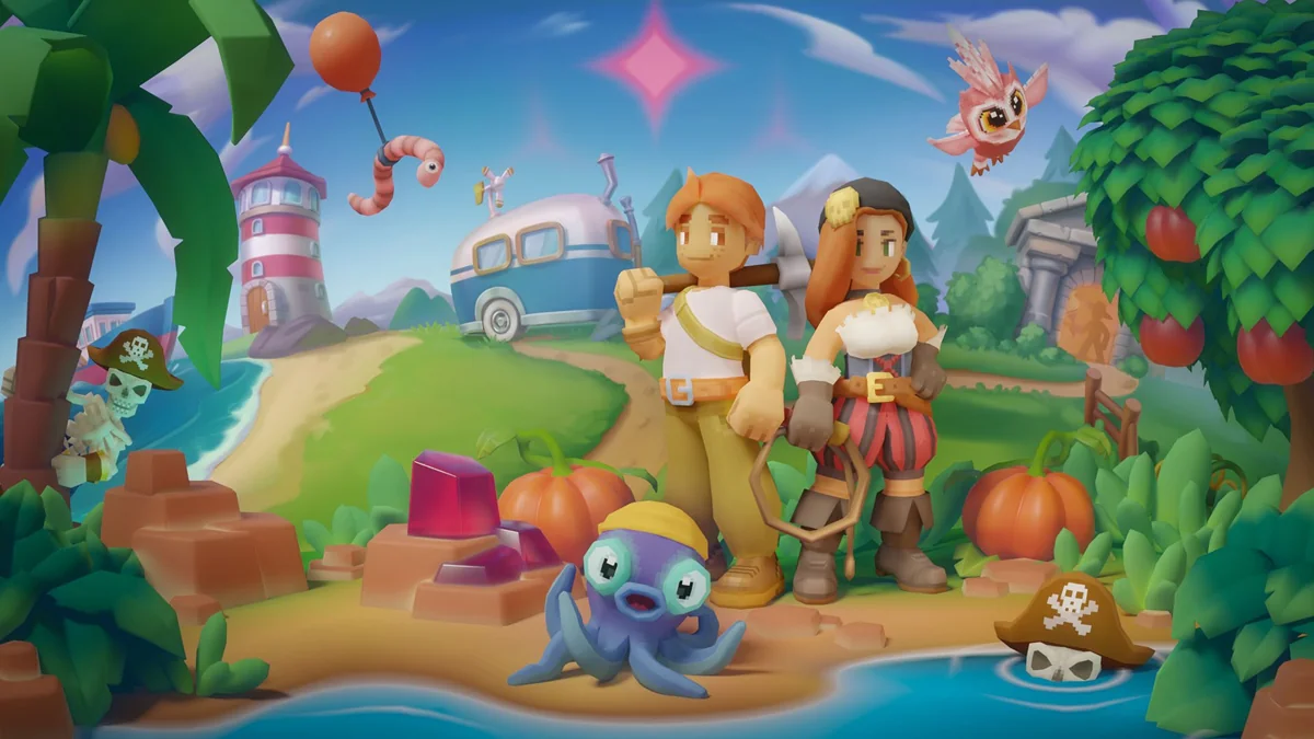 Luma Island의 캠핑카와 해변 앞에 서 있는 두 탐험가와 마법 동료