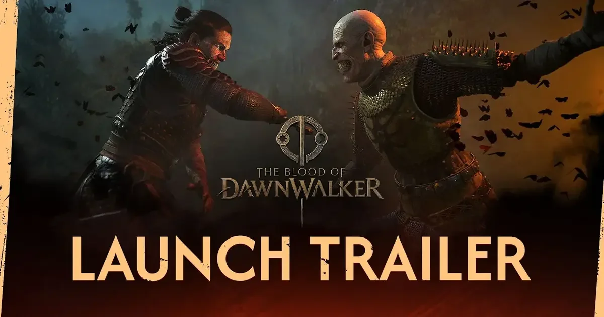The Blood of Dawnwalker 공식 출시 트레일러 이미지: 대치하는 두 인물과 게임 로고