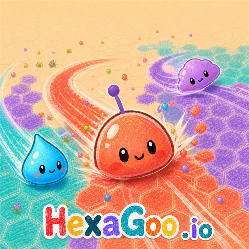 Colorful HexaGoo.io cover showing three goo characters on a hex-tile arena