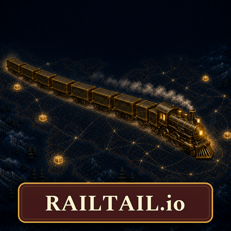 A long brass steam train crossing a dark world-map arena in RailTail.io