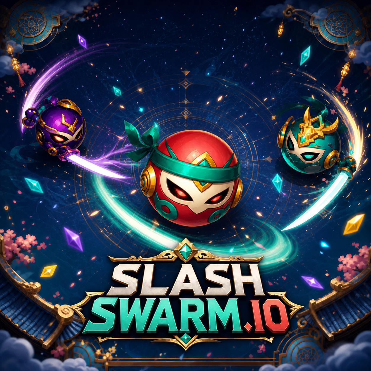 Three colorful masked sword fighters clashing in the celestial arena of Slash Swarm.io