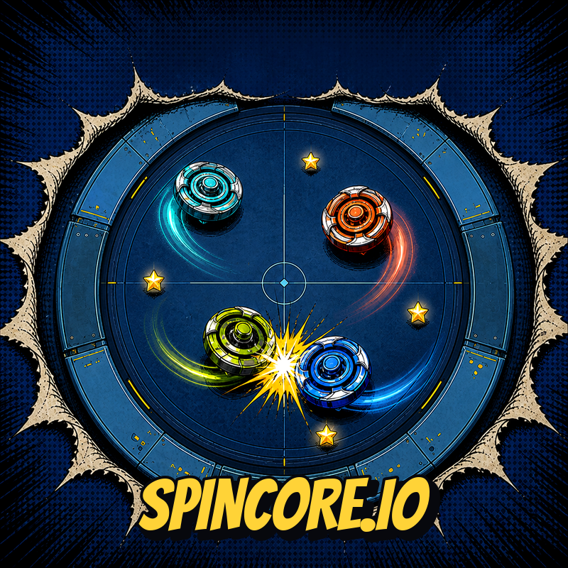 Comic-book SpinCore.io cover showing four colorful spinning tops battling in a steel arena