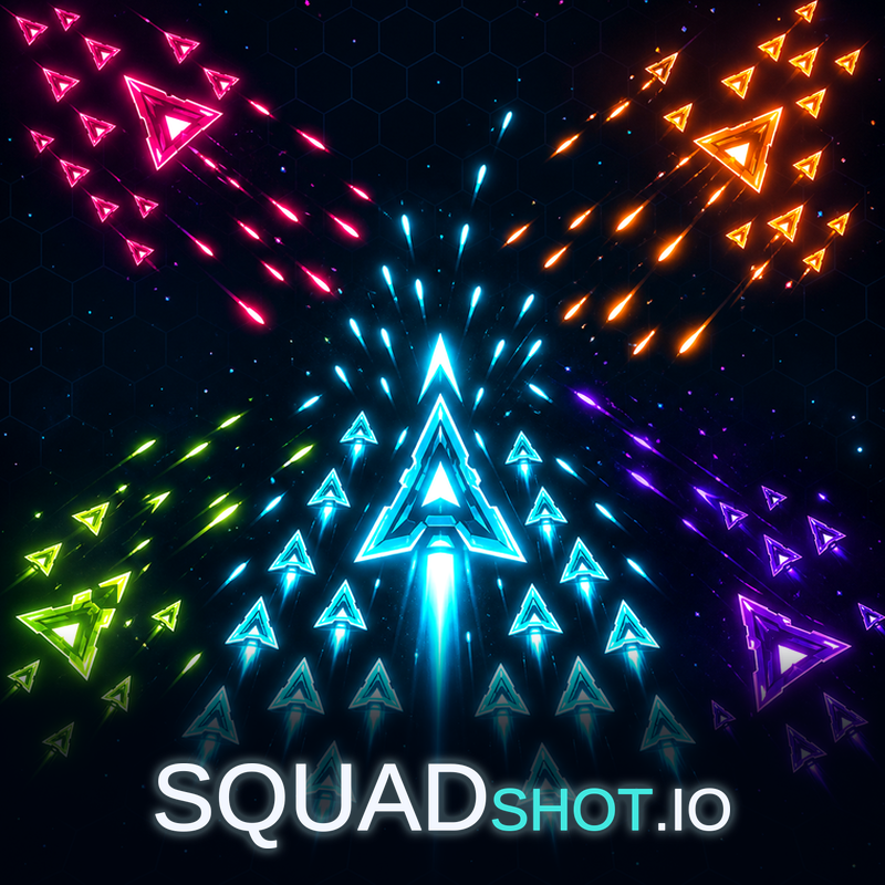 Neon triangular fleets exchanging colorful volleys in the SquadShot.io arena