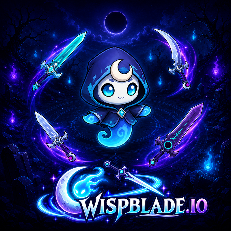A cute blue-hooded moon wisp surrounded by glowing orbiting swords, with the Wispblade.io logo along the bottom